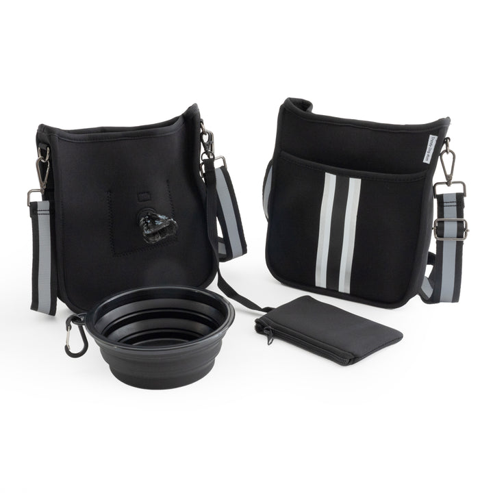 Black Solid Dog Walking Bag with Reflective Strap & Striping